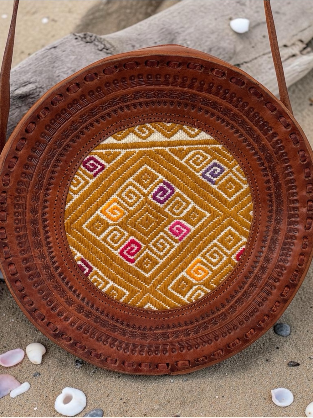 Round Leather Crossbody with Mustard Embroidered Center